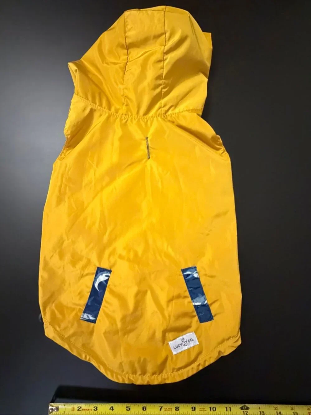 Lucy & Co. Shark Attack Reversible Dog Raincoat Size L Yellow Navy